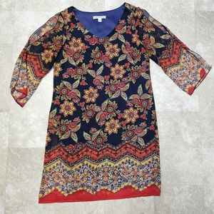 Madison Leigh Floral Boho Tunic Dress Size 10 Multicolor 3/4 Slit Sleeve Shift